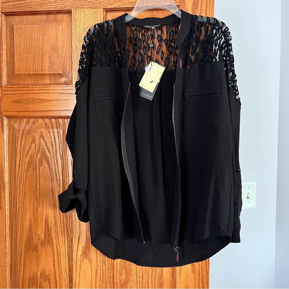 Alberto Makali mixed media top size M, lace inserts. Zipper , rolled sleeves
